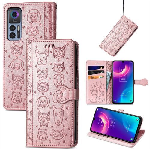 Saturcase Coque Pour Tcl 30 / 30 5g / 30+ 5g, Chien Et Chat Mignon Pu Cuir Magnétique Flip Portefeuille Support Porte-Carte Protecteur Housse Étui Avec Dragonne Pour Tcl 30 / 30 5g / 30+ 5g (Or Rose)