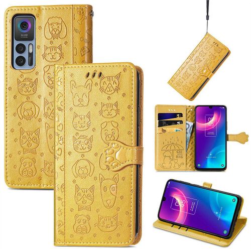 Saturcase Coque Pour Tcl 30 / 30 5g / 30+ 5g, Chien Et Chat Mignon Pu Cuir Magnétique Flip Portefeuille Support Porte-Carte Protecteur Housse Étui Avec Dragonne Pour Tcl 30 / 30 5g / 30+ 5g (Jaune)