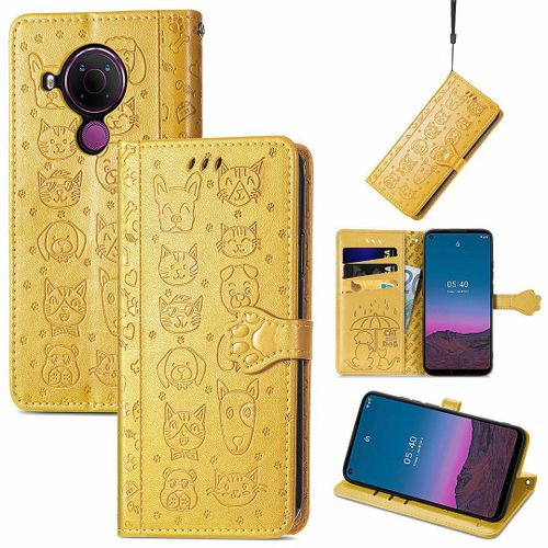 Saturcase Coque Pour Nokia 5.4, Chien Et Chat Mignon Pu Cuir Magnétique Flip Portefeuille Support Porte-Carte Protecteur Housse Étui Avec Dragonne Pour Nokia 5.4 (Jaune)