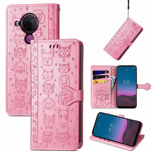 Saturcase Coque Pour Nokia 5.4, Chien Et Chat Mignon Pu Cuir Magnétique Flip Portefeuille Support Porte-Carte Protecteur Housse Étui Avec Dragonne Pour Nokia 5.4 (Pink)