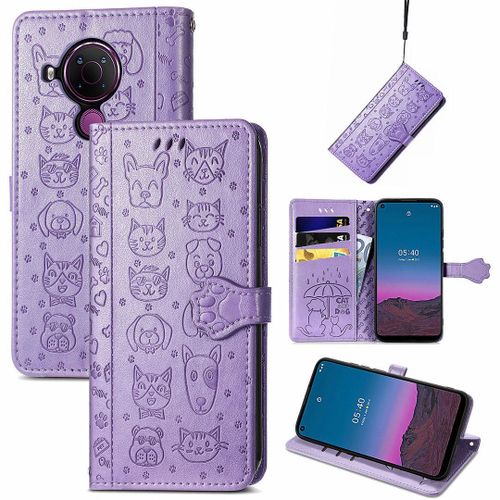 Saturcase Coque Pour Nokia 5.4, Chien Et Chat Mignon Pu Cuir Magnétique Flip Portefeuille Support Porte-Carte Protecteur Housse Étui Avec Dragonne Pour Nokia 5.4 (Violet)