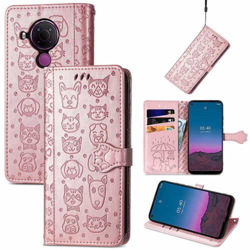 Saturcase Coque Pour Nokia 5.4, Chien Et Chat Mignon Pu Cuir Magnétique Flip Portefeuille Support Porte-Carte Protecteur Housse Étui Avec Dragonne Pour Nokia 5.4 (Or Rose)