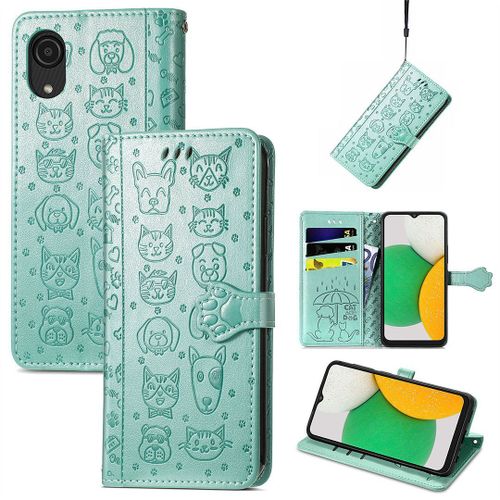Saturcase Coque Pour Samsung Galaxy A03 Core, Chien Et Chat Mignon Pu Cuir Magnétique Flip Portefeuille Support Porte-Carte Protecteur Housse Étui Avec Dragonne Pour Samsung Galaxy A03 Core (Vert)