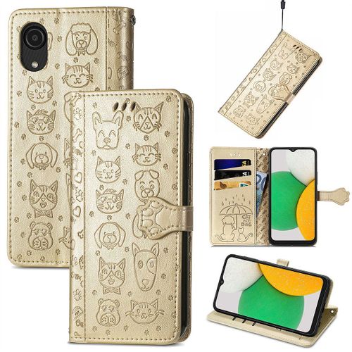 Saturcase Coque Pour Samsung Galaxy A03 Core, Chien Et Chat Mignon Pu Cuir Magnétique Flip Portefeuille Support Porte-Carte Protecteur Housse Étui Avec Dragonne Pour Samsung Galaxy A03 Core (Or)
