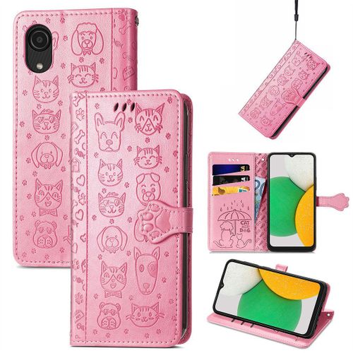 Saturcase Coque Pour Samsung Galaxy A03 Core, Chien Et Chat Mignon Pu Cuir Magnétique Flip Portefeuille Support Porte-Carte Protecteur Housse Étui Avec Dragonne Pour Samsung Galaxy A03 Core (Pink)
