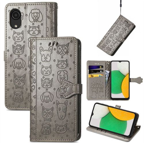 Saturcase Coque Pour Samsung Galaxy A03 Core, Chien Et Chat Mignon Pu Cuir Magnétique Flip Portefeuille Support Porte-Carte Protecteur Housse Étui Avec Dragonne Pour Samsung Galaxy A03 Core (Gris)
