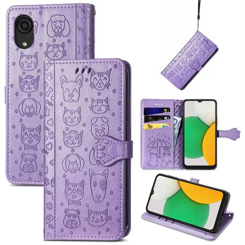 Saturcase Coque Pour Samsung Galaxy A03 Core, Chien Et Chat Mignon Pu Cuir Magnétique Flip Portefeuille Support Porte-Carte Protecteur Housse Étui Avec Dragonne Pour Samsung Galaxy A03 Core (Violet)