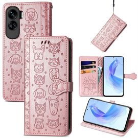 Saturcase Coque Pour Honor 90 Lite, Chien Et Chat Mignon Pu Cuir Magnétique Flip Portefeuille Support Porte-Carte Protecteur Housse Étui Avec Dragonne Pour Honor 90 Lite (Or Rose)