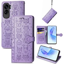 Saturcase Coque Pour Honor 90 Lite, Chien Et Chat Mignon Pu Cuir Magnétique Flip Portefeuille Support Porte-Carte Protecteur Housse Étui Avec Dragonne Pour Honor 90 Lite (Violet)