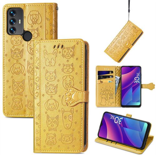 Saturcase Coque Pour Tcl 30 Se / Tcl 305 / Tcl 306, Chien Et Chat Mignon Pu Cuir Magnétique Flip Portefeuille Support Porte-Carte Protecteur Housse Étui Avec Dragonne Pour Tcl 30 Se / Tcl 305 / Tcl 306 (Jaune)