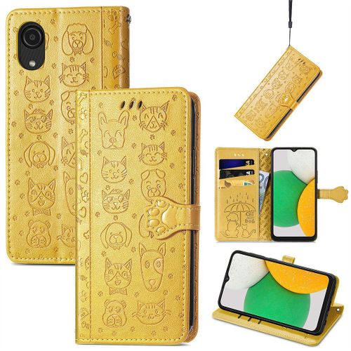 Saturcase Coque Pour Samsung Galaxy A03 Core, Chien Et Chat Mignon Pu Cuir Magnétique Flip Portefeuille Support Porte-Carte Protecteur Housse Étui Avec Dragonne Pour Samsung Galaxy A03 Core (Jaune)