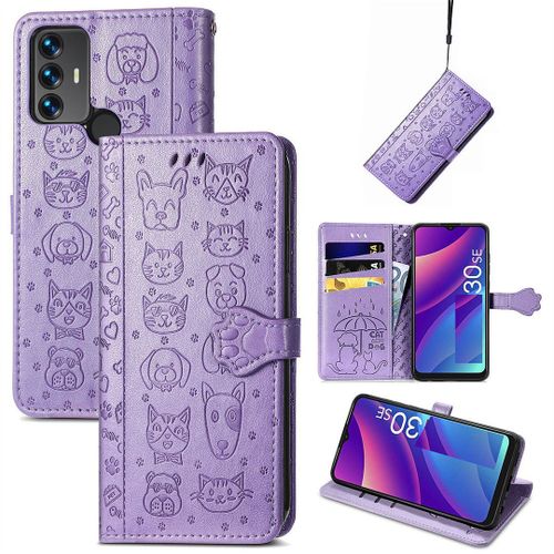 Saturcase Coque Pour Tcl 30 Se / Tcl 305 / Tcl 306, Chien Et Chat Mignon Pu Cuir Magnétique Flip Portefeuille Support Porte-Carte Protecteur Housse Étui Avec Dragonne Pour Tcl 30 Se / Tcl 305 / Tcl 306 (Violet)