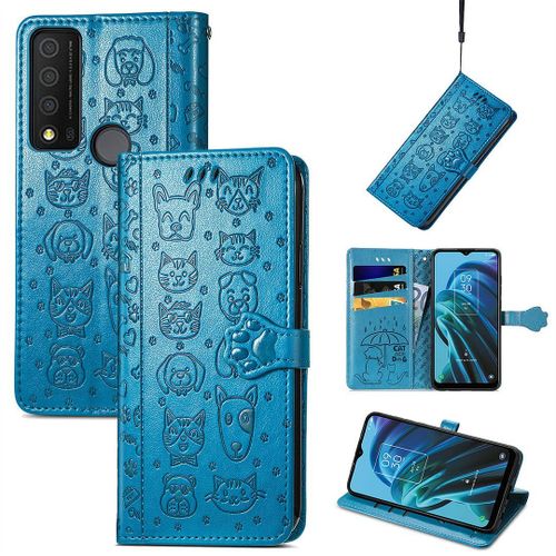 Saturcase Coque Pour Tcl 30 Xe 5g, Chien Et Chat Mignon Pu Cuir Magnétique Flip Portefeuille Support Porte-Carte Protecteur Housse Étui Avec Dragonne Pour Tcl 30 Xe 5g (Bleu)