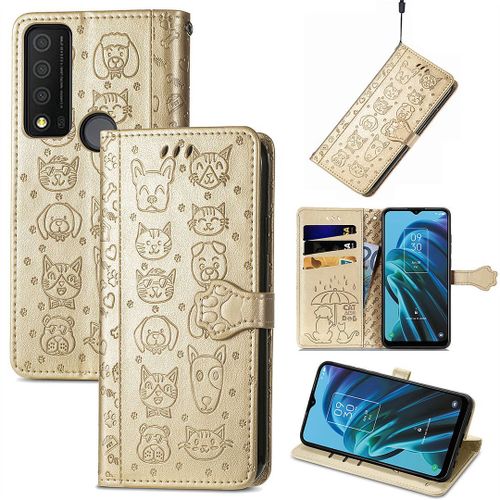 Saturcase Coque Pour Tcl 30 Xe 5g, Chien Et Chat Mignon Pu Cuir Magnétique Flip Portefeuille Support Porte-Carte Protecteur Housse Étui Avec Dragonne Pour Tcl 30 Xe 5g (Or)