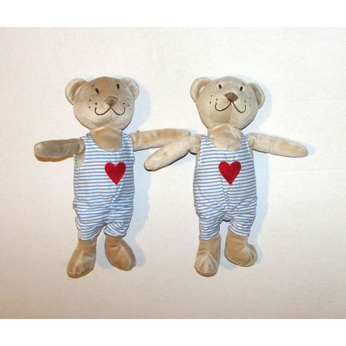 Lot 2 peluche doudou ours bleu IKEA salopette fixe coeur rouge 24 cm TTBE