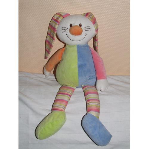 Lapin Tiamo Multicolore Vert Bleu Orange Rose Rayé Peluche 40 Cm + Oreilles 20 Cm