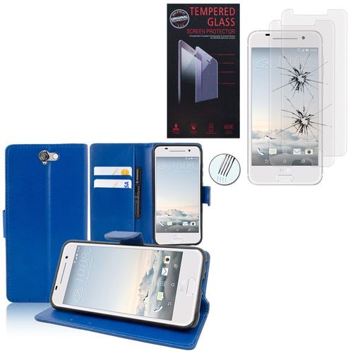 Etui Portefeuille Pour Htc One A9 Support Video Cuir Pu - Bleu Fonce + 2 Films Verre Trempé