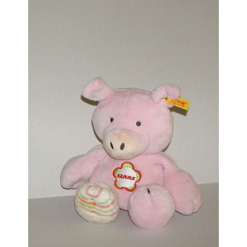 Cochon Rose Pale  Class Tous Doux Avec Une Patte Blanche Rayé Orange Et Vert Doudou Steiff  28cm