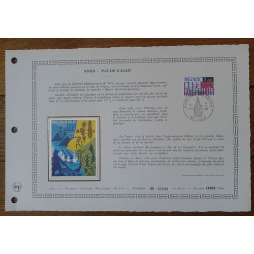 Document Artistique Philatélique Sur Soie Cérès 1975 Feuillet N°210 Timbre France Yt N°1852 Région Nord Pas De Calais Oblitéré Premier Jour 13 Décembre 1975