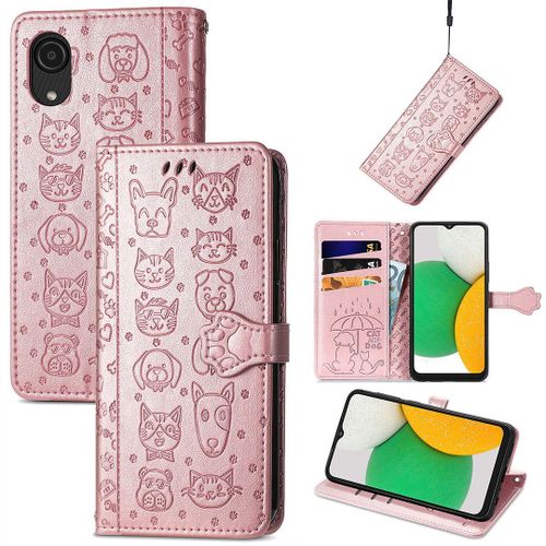 Saturcase Coque Pour Samsung Galaxy A03 Core, Chien Et Chat Mignon Pu Cuir Magnétique Flip Portefeuille Support Porte-Carte Protecteur Housse Étui Avec Dragonne Pour Samsung Galaxy A03 Core (Or Rose)
