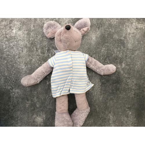 Peluche Souris Nounours Grise T-Shirt Rayé Bleu Et Blanc