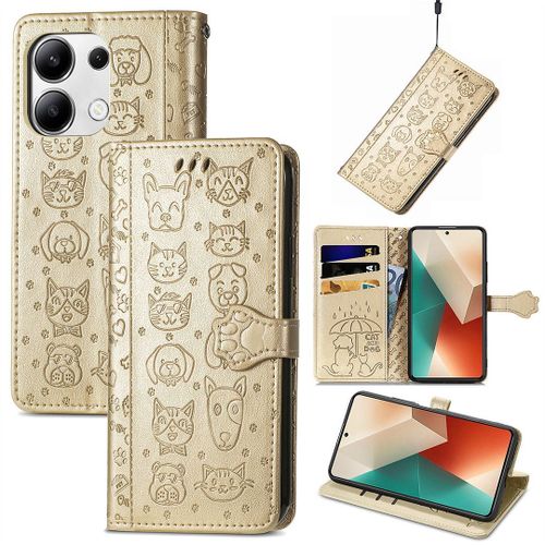 Saturcase Coque Pour Xiaomi Redmi Note 13 4g, Chien Et Chat Mignon Pu Cuir Magnétique Flip Portefeuille Support Porte-Carte Protecteur Housse Étui Avec Dragonne Pour Xiaomi Redmi Note 13 4g (Or)
