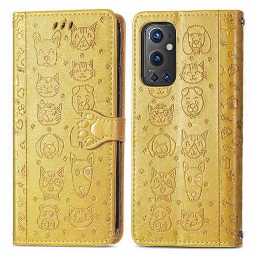 Saturcase Coque Pour Oneplus 9 Pro, Chien Et Chat Mignon Pu Cuir Magnétique Flip Portefeuille Support Porte-Carte Protecteur Housse Étui Avec Dragonne Pour Oneplus 9 Pro (Jaune)