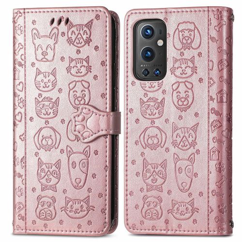 Saturcase Coque Pour Oneplus 9 Pro, Chien Et Chat Mignon Pu Cuir Magnétique Flip Portefeuille Support Porte-Carte Protecteur Housse Étui Avec Dragonne Pour Oneplus 9 Pro (Or Rose)