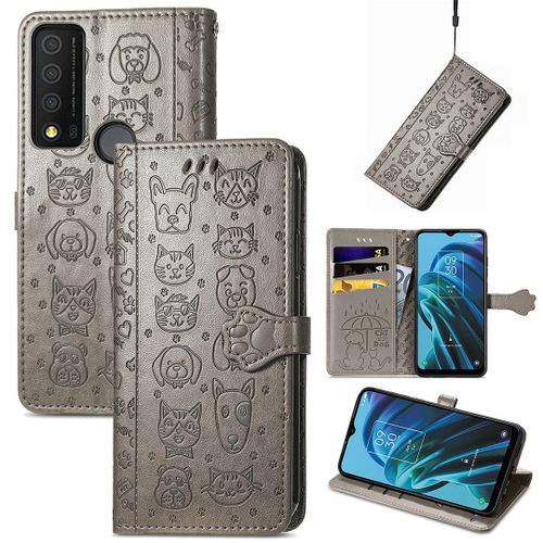 Saturcase Coque Pour Tcl 30 Xe 5g, Chien Et Chat Mignon Pu Cuir Magnétique Flip Portefeuille Support Porte-Carte Protecteur Housse Étui Avec Dragonne Pour Tcl 30 Xe 5g (Gris)