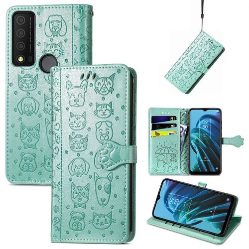Saturcase Coque Pour Tcl 30 Xe 5g, Chien Et Chat Mignon Pu Cuir Magnétique Flip Portefeuille Support Porte-Carte Protecteur Housse Étui Avec Dragonne Pour Tcl 30 Xe 5g (Vert)