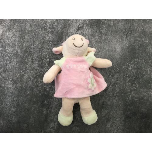 Peluche Vache Titine Rose Verte Fleur Brodée 22 Cm 