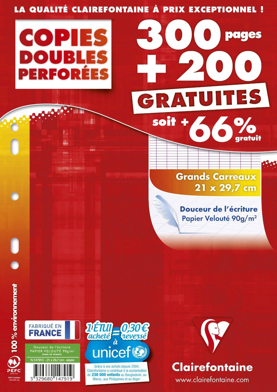 Sachet de 100 pages copies doubles grand format A4 grands carreaux