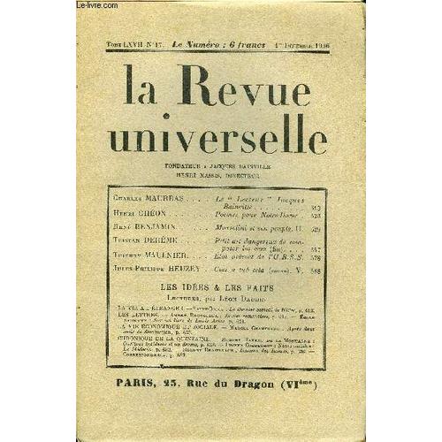 La Revue Universelle Tome 67 N°17 - Charles Maurras. Le ¿ Lecteur ¿ Jacques Bainville. Henri Ghéon. Poèmes Pour Notre-Dame .René Benjamin. Mussolini Et Son Peuple. Ii.Tristan Derême. Petit ...