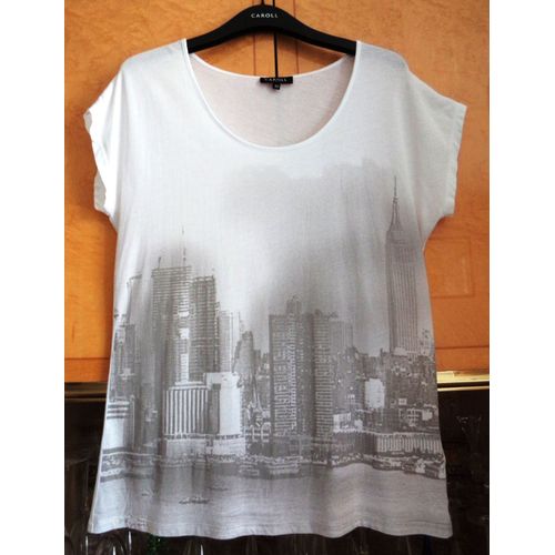 T-Shirt Caroll Taille 40 Blanc Et Gris À Motif Avec Coton
