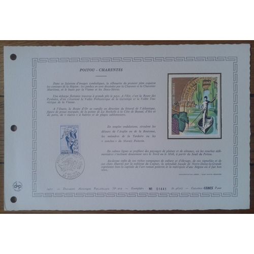 Document Artistique Philatélique Sur Soie Cérès 1975 Feuillet N°209 Timbre France Yt N°1851 Région Poitou-Charente Oblitéré Premier Jour 6 Décembre 1975