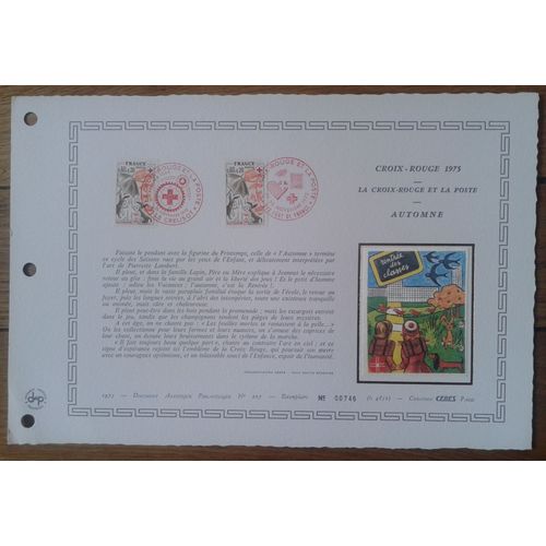 Document Artistique Philatélique Sur Soie Cérès 1975 Feuillet N°207 Timbre France Yt N°1861 Croix-Rouge 1975 Automne Oblitéré Premier Jour 29 Novembre 1975