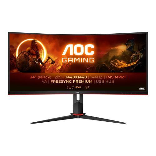 AOC Gaming CU34G2X/BK - G2 Series - écran LED - jeux - incurvé - 34" (34" visualisable) - 3440 x 1440 WQHD @ 144 Hz - VA - 300 cd/m² - 3000:1 - 1 ms - 2xHDMI, DisplayPort - noir texturé, rouge...