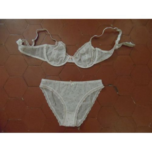 Ensemble Soutien-Gorge + Slip Tulle Blanc Motif Roses Et Dentelle Tissel
