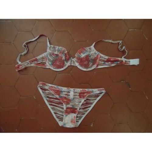 Ensemble Soutien-Gorge + Slip Voile Imprimé Fleurs Bleu Et Rouge Tissel