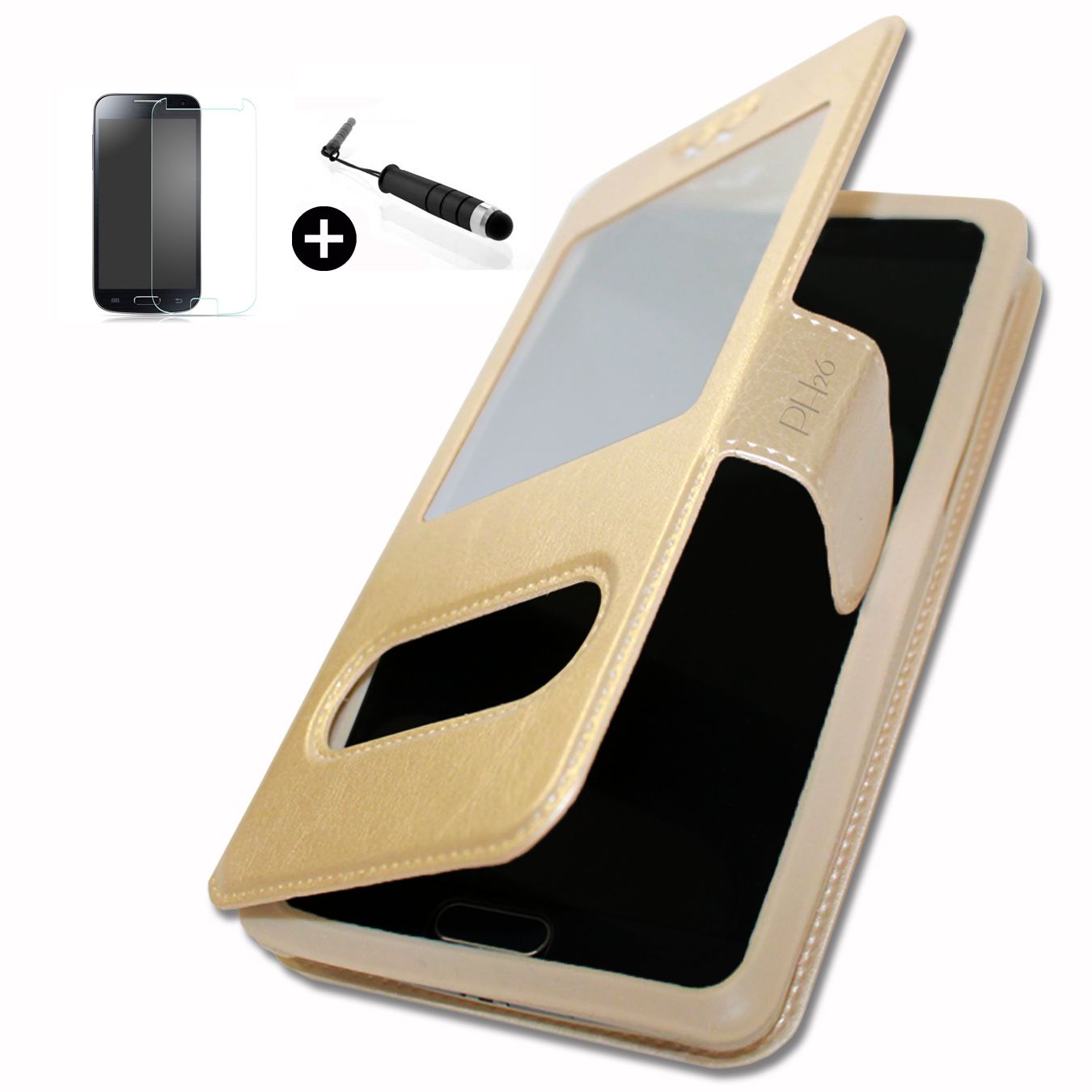 Ucall Miami Super Pack Premuim Etui Fenêtres Housse Coque Folio Or Gold Pu + Mini Stylet Screen Touch + Verre Trempé Dureté 9h, Ultra-Mince 0.20 Mm Anti-Rayures Anti-Traces Haute-Réponse Haute Transparence By Ph26®