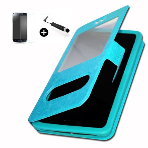 Logicom L-Ement 552 Super Pack Premuim Etui Fenêtres Housse Coque Folio Turquoise Pu + Mini Stylet Screen Touch + Verre Trempé Dureté 9h, Ultra-Mince 0.20 Mm Anti-Rayures Anti-Traces Haute-Réponse Haute Transparence By Ph26®