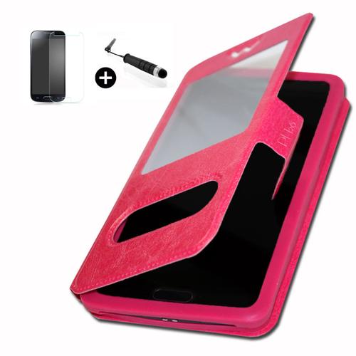 Danew Konnect 455 Super Pack Premuim Etui Fenêtres Housse Coque Folio Fushia Pu + Mini Stylet Screen Touch + Verre Trempé Dureté 9h, Ultra-Mince 0.20 Mm Anti-Rayures Anti-Traces Haute-Réponse Haute Transparence By Ph26®