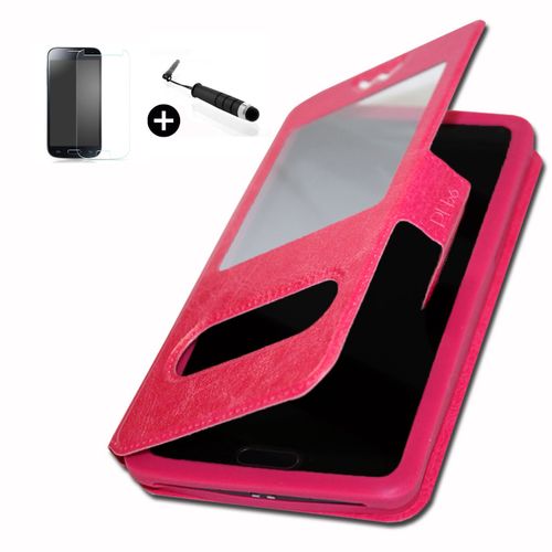 Logicom L-Ement 552 Super Pack Premuim Etui Fenêtres Housse Coque Folio Fushia Pu + Mini Stylet Screen Touch + Verre Trempé Dureté 9h, Ultra-Mince 0.20 Mm Anti-Rayures Anti-Traces Haute-Réponse Haute Transparence By Ph26®