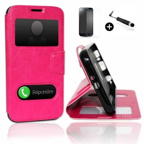 Wiko U Feel Lite Super Pack Premuim Etui Fenêtres Housse Coque Folio Rose Pu + Mini Stylet Screen Touch + Verre Trempé Dureté 9h, Ultra-Mince Anti-Rayures Anti-Traces Haute-Réponse Haute Transparence By Ph26