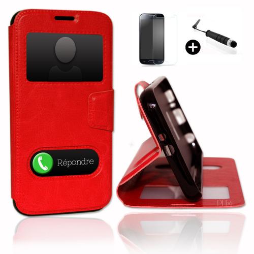 Htc M9. Super Pack Premuim Etui Fenêtres Housse Coque Folio Rouge Pu + Mini Stylet Screen Touch + Verre Trempé Dureté 9h, Ultra-Mince Anti-Rayures Anti-Traces Haute-Réponse Haute Transparence By Ph26