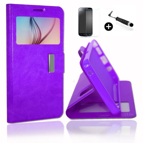Archos 50 Helium Super Pack Premuim Etui Fenêtres Housse Coque Folio Violet Pu + Mini Stylet Screen Touch + Verre Trempé Dureté 9h, Ultra-Mince 0.20 Mm Anti-Rayures Anti-Traces Haute-Réponse Haute Transparence By Ph26®