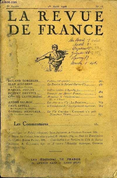 La Revue De France 6e Annee N°15 - Roland Dorgeles.. Partir. (2e Partie).Jean Ajalbert De L'académie Goncourt. La Passion De Roland Garros (I)Marcel Proust.. Lettres Inédites ( 1892-1897). ...