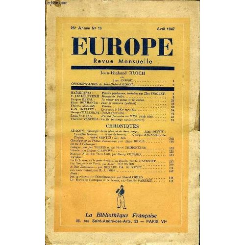 Europe Revue Mensuelle N° 16 - Jean-Richard Blochparjean Cassou. Commentaires De Jean-Richard Bloch.Maiakovski :Poésies Posthumes, Traduites Par Eisa Triolet.V. Jankélévitch : Manuel De ...