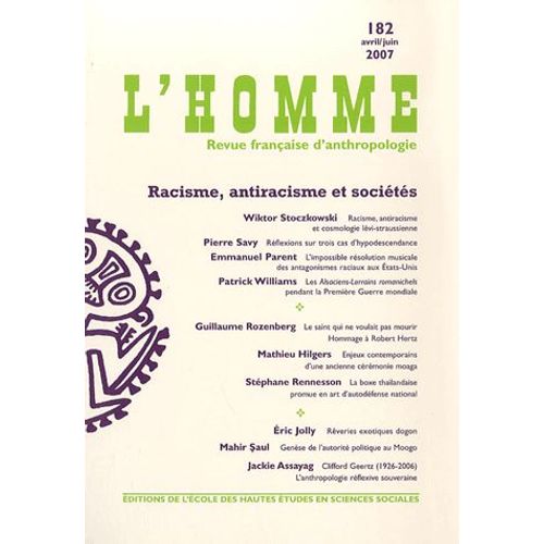 L'homme N° 182, Avril-Juin 2 - Racisme, Antiracisme Et Sociétés