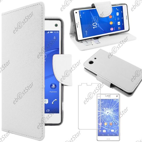 Ebeststar ® Housse Portefeuille Coque Etui Protection Folio Pour Sony Xperia Z3 Compact, Couleur Blanc + Film Verre Trempé